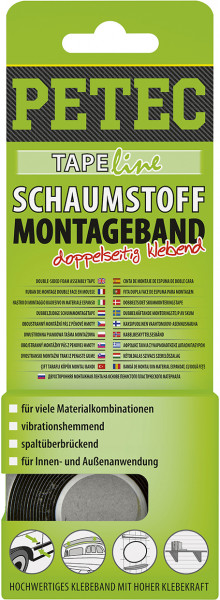 Petec Schaumstoff-Montageband,2m x 12mm x 1mm SB-Karte, schwarz